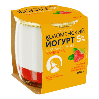 Йогурт Коломенский Клубника с коллагеном термостатный 5%, 160 г, БЗМЖ